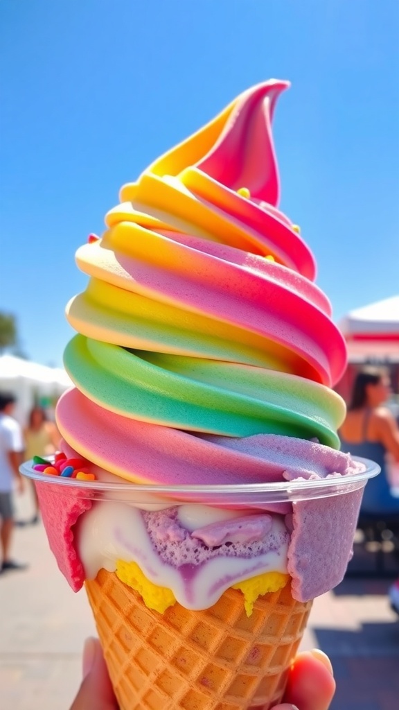 A colorful bowl of rainbow ice cream with layers of different flavors, garnished with sprinkles, in a sunny outdoor setting.